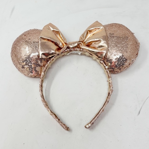 DISNEY PARKS Authentic Rose Gold Sequined Metallic Minnie Mouse Ears Headband - Picture 1 of 7